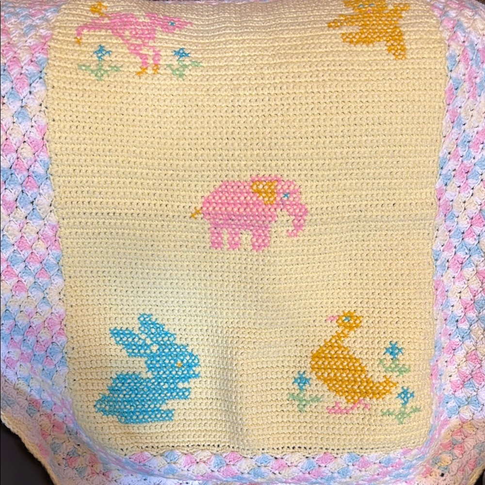 Handmade Crochet Baby Blanket with Animal Patterns 28” x 38” - Picture 1 of 7